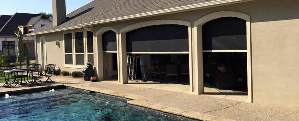 Motorized Patio Shades by pool