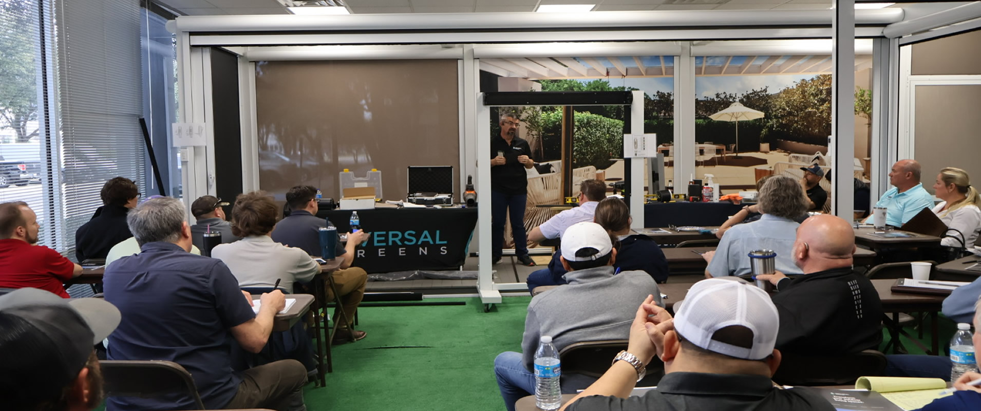 Motorized retractable screen installation for porches and patios